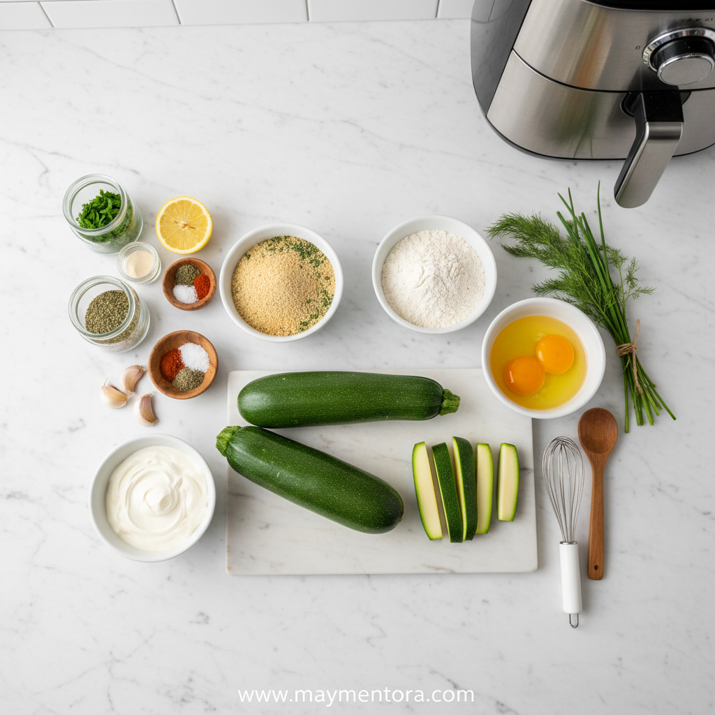 Ingredients for zucchini fries and ranch dip arranged on counter