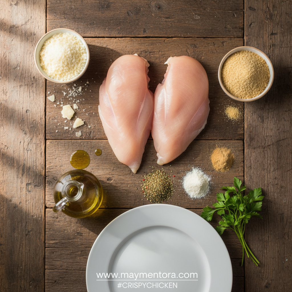 Ingredients for crispy baked Parmesan chicken including chicken breast, breadcrumbs, Parmesan cheese and spices