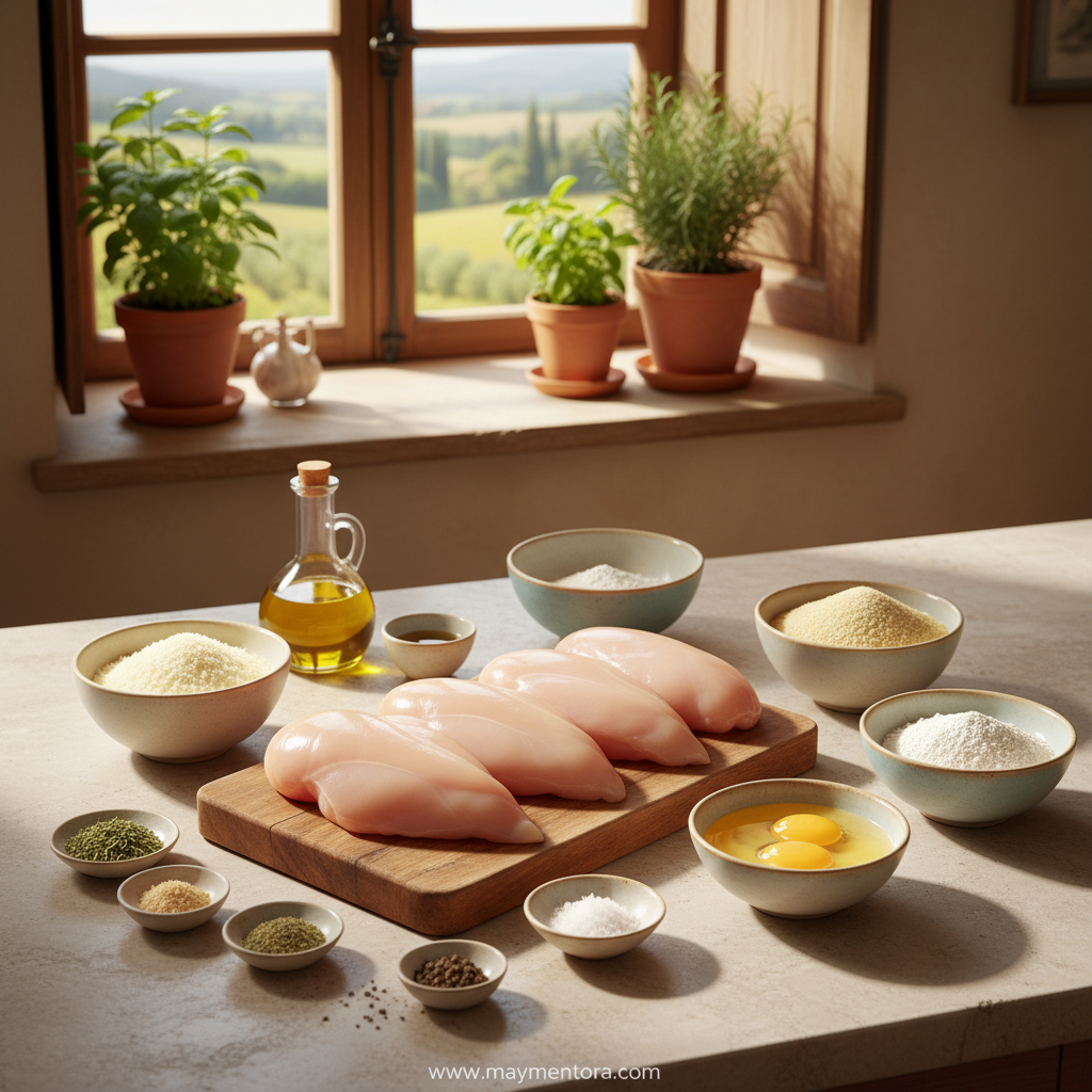 Fresh ingredients for Parmesan chicken including chicken breasts, Parmesan cheese, breadcrumbs, and seasonings