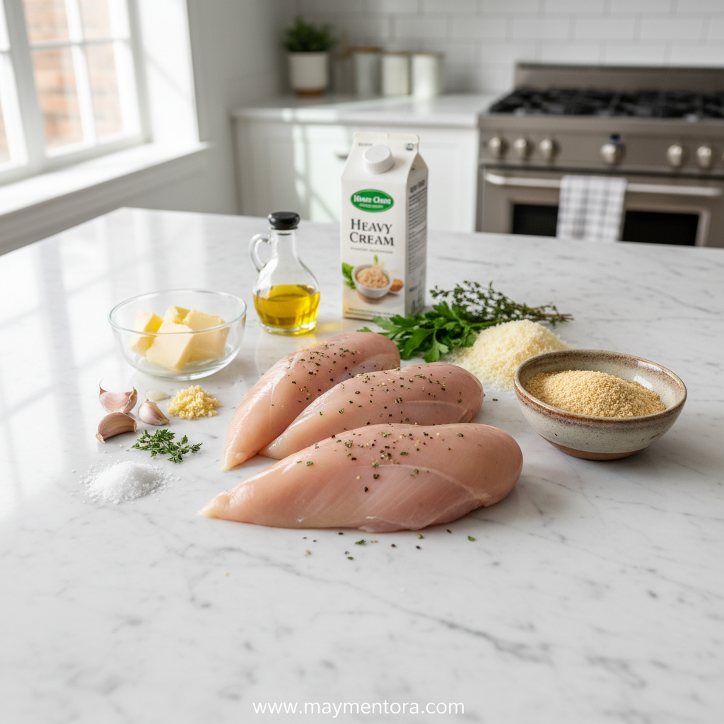 Ingredients for crispy Parmesan chicken including chicken breasts, Parmesan cheese, breadcrumbs, eggs, and garlic