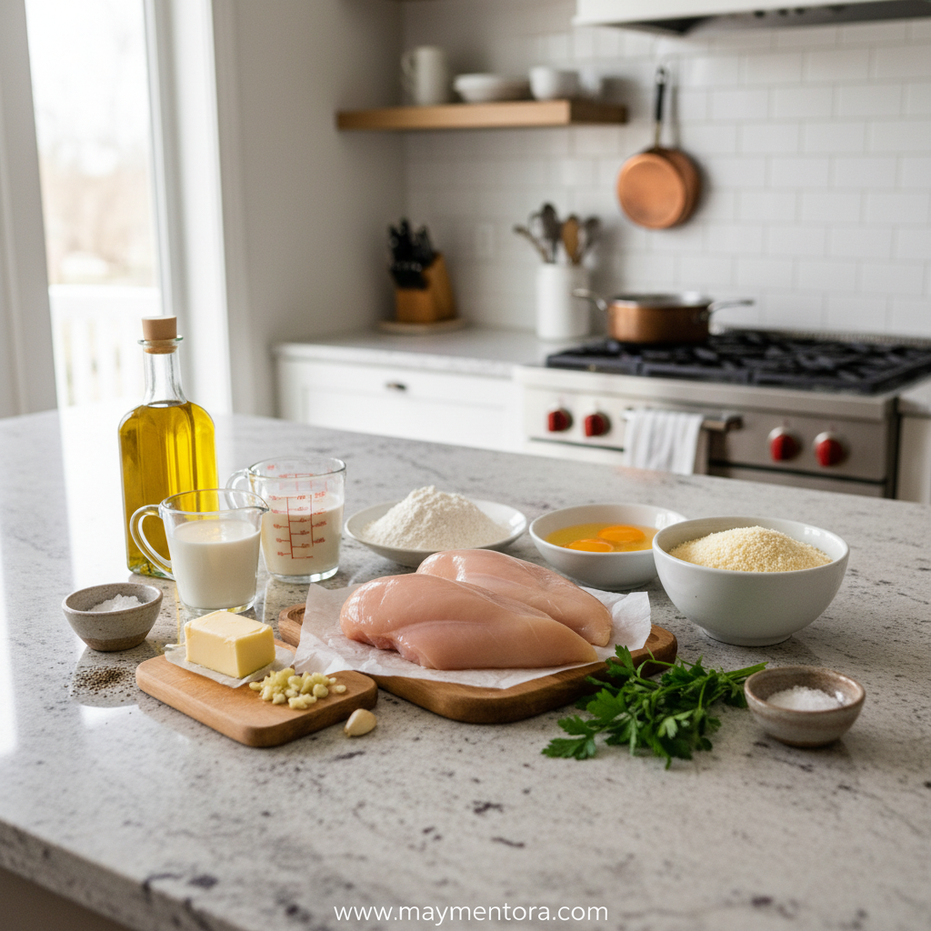 Ingredients for crispy Parmesan chicken with garlic sauce