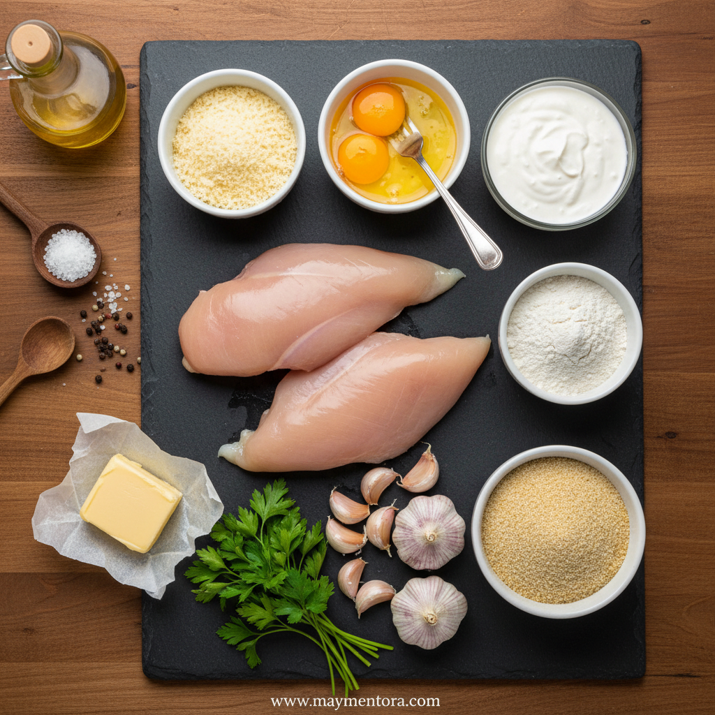 Fresh ingredients for crispy Parmesan chicken including chicken breasts, garlic, Parmesan cheese, and herbs