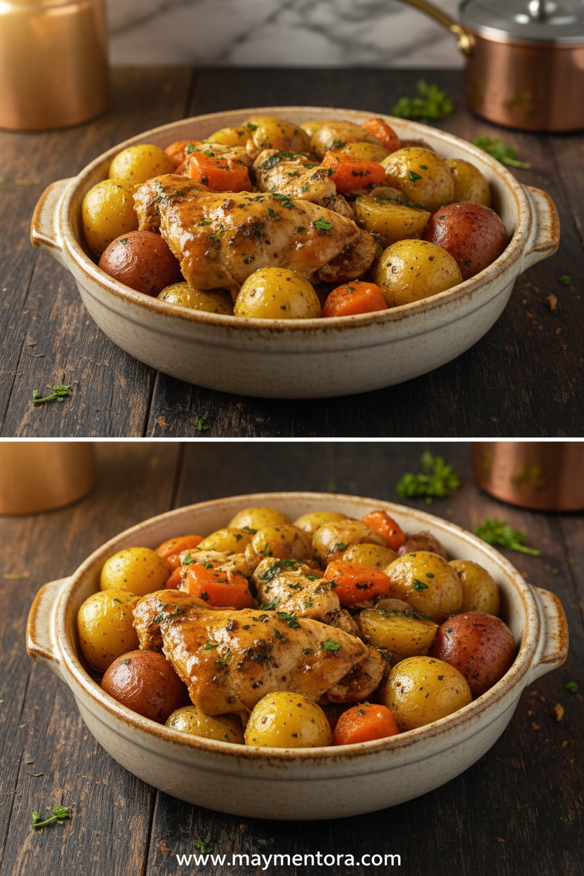 Crock pot garlic butter chicken with potatoes and carrots ready to serve