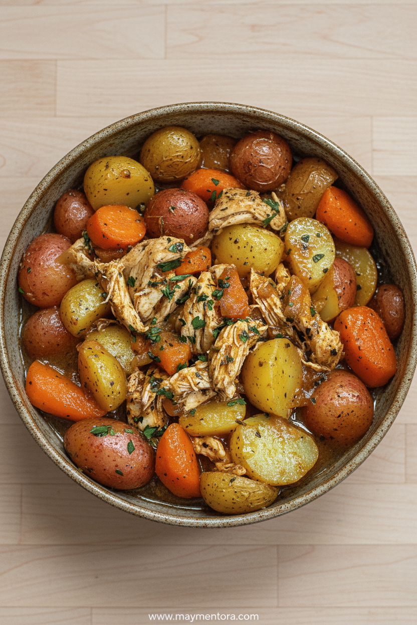 Crock Pot Garlic Butter Chicken with golden potatoes and carrots in a rich sauce