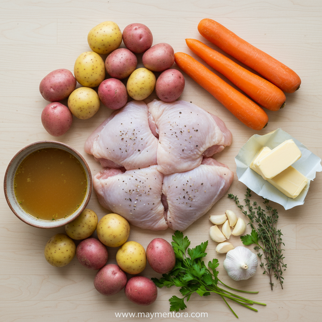 Ingredients for Crock Pot Garlic Butter Chicken including chicken, potatoes, carrots, garlic, and herbs