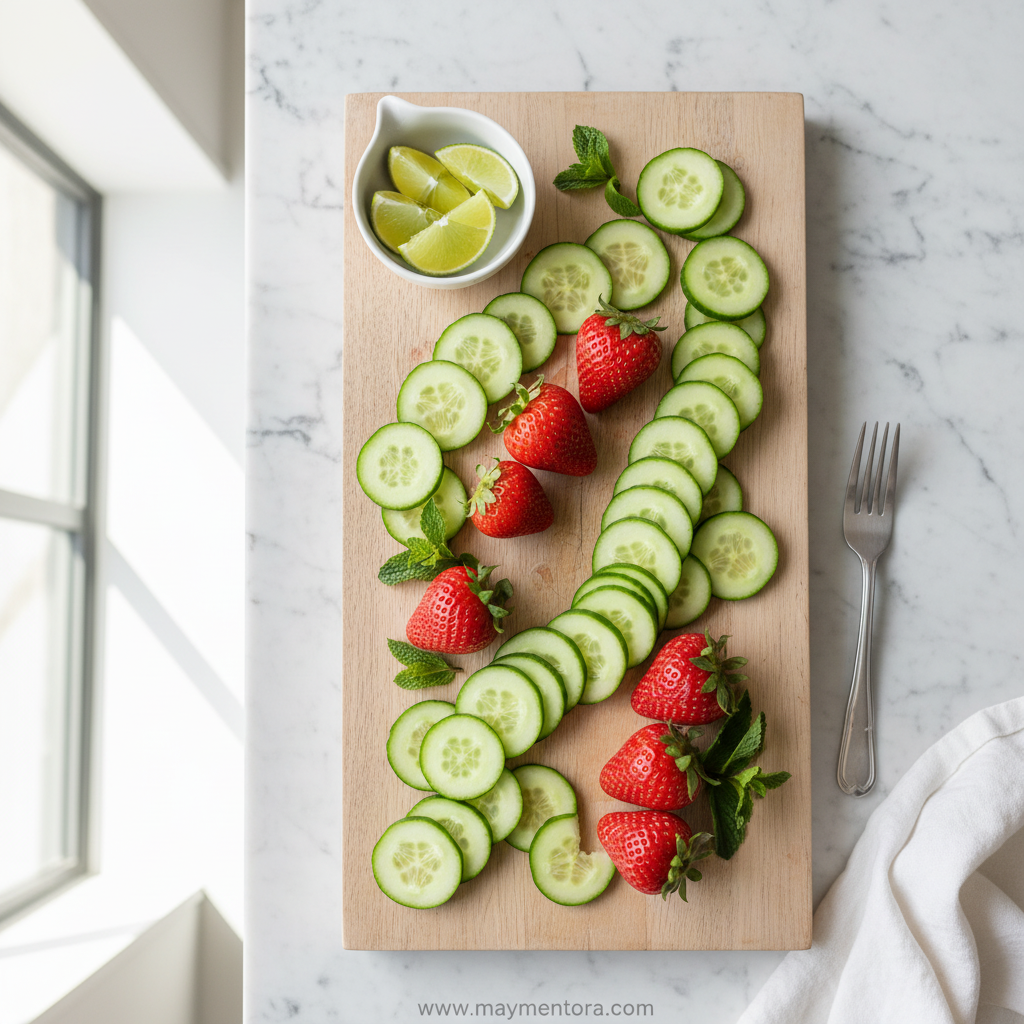 Fresh ingredients for cucumber strawberry salad including cucumbers, strawberries, mint, and feta