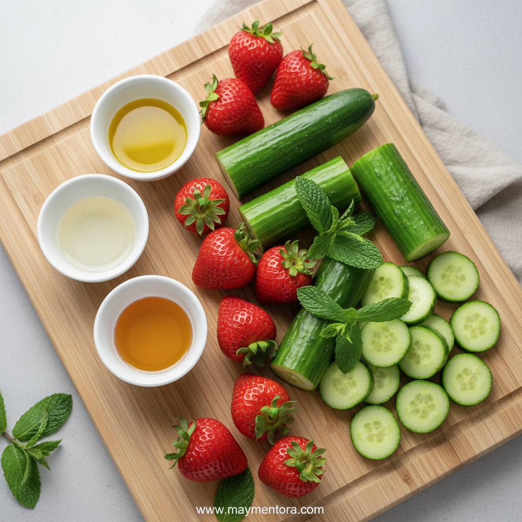 Fresh ingredients for cucumber strawberry salad including strawberries, cucumber, mint, and dressing components