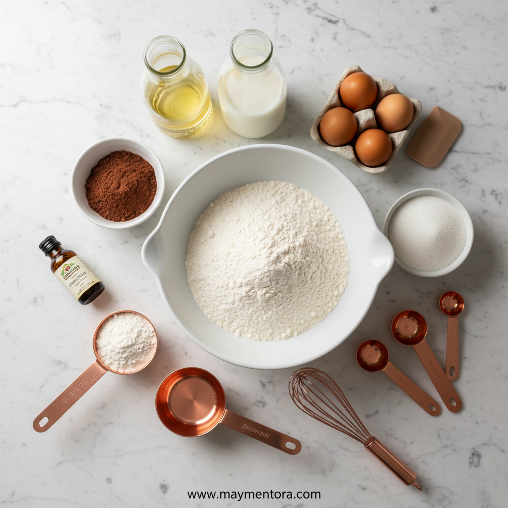 Dark chocolate sheet cake ingredients arranged on counter
