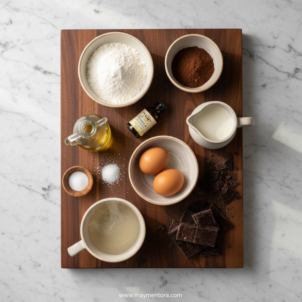 Ingredients for dark chocolate sheet cake lined up on a counter