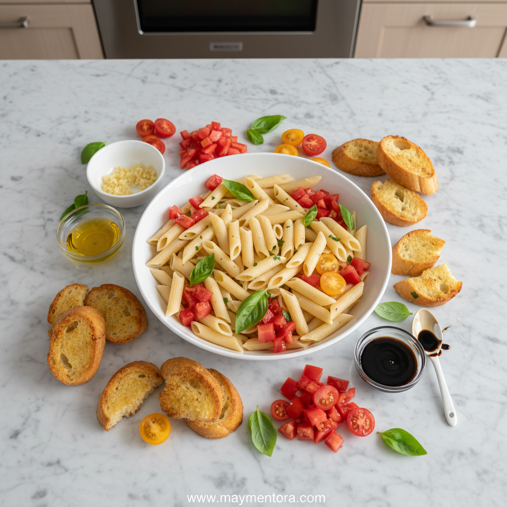Fresh ingredients for bruschetta pasta salad including tomatoes, basil, and pasta