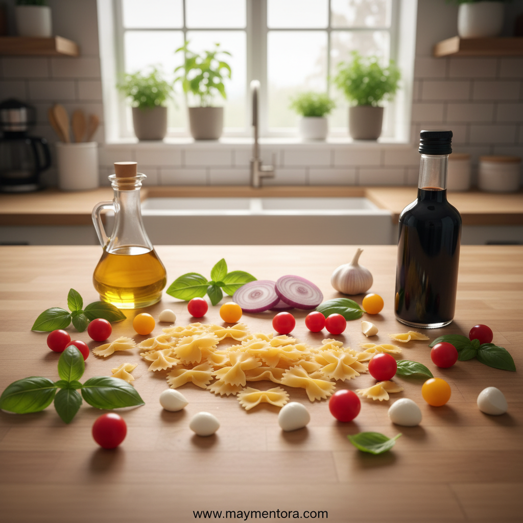Fresh ingredients for bruschetta pasta salad including tomatoes, basil, garlic, and pasta