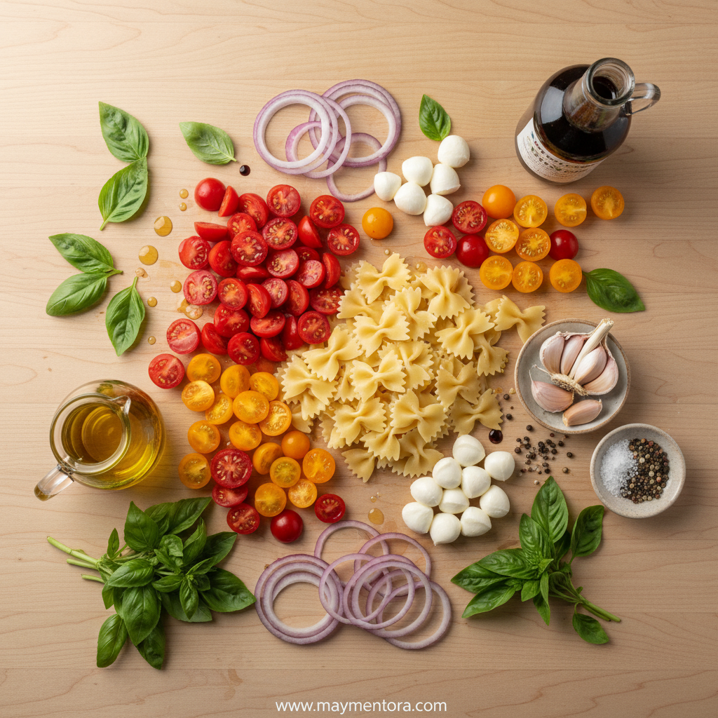 Ingredients for bruschetta pasta salad including pasta, tomatoes, fresh basil, garlic, and olive oil