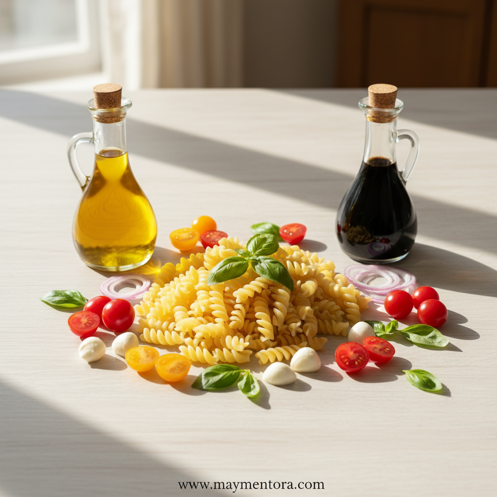 Ingredients for bruschetta pasta salad including tomatoes, basil, pasta and dressing ingredients