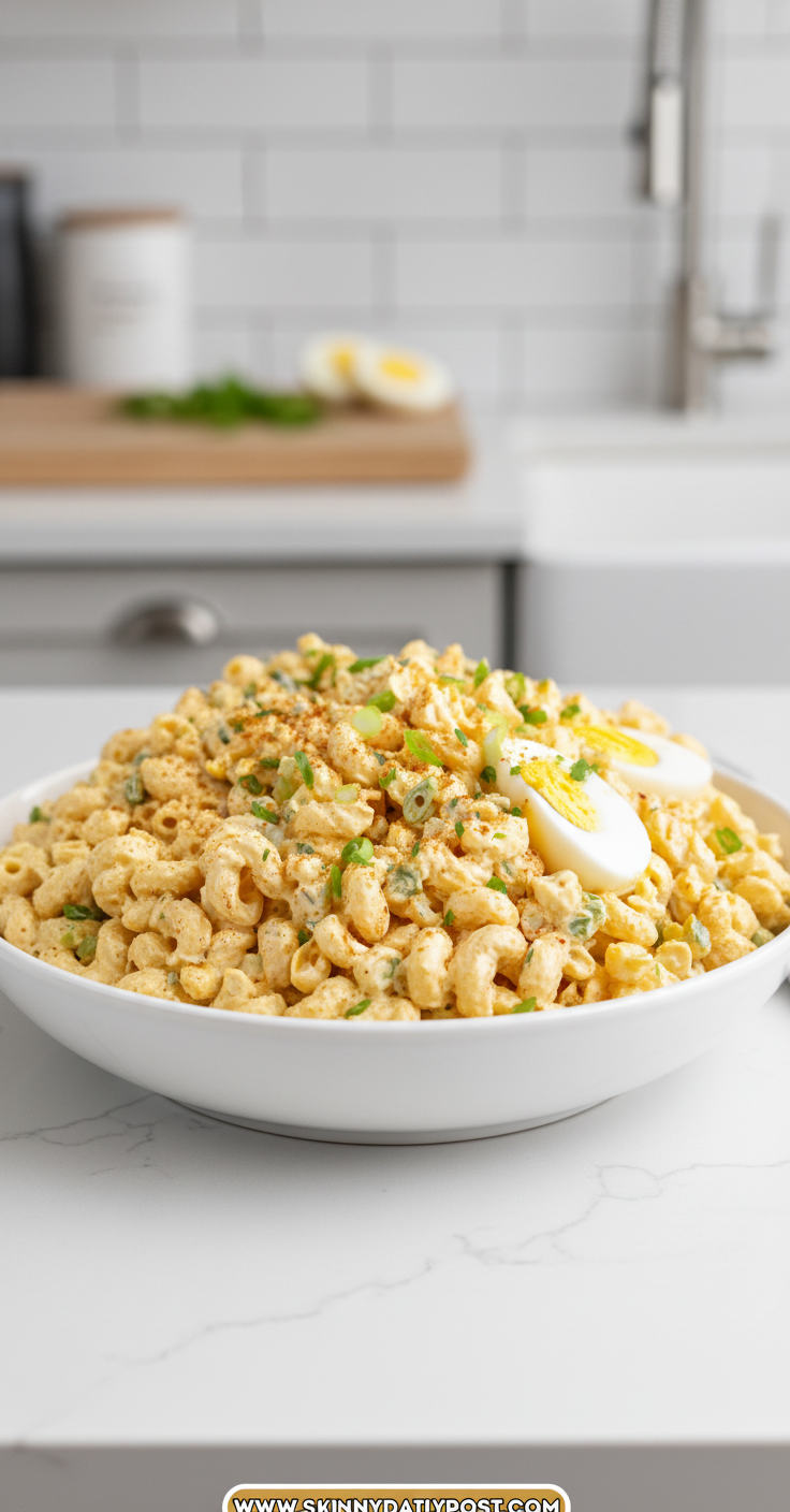 Colorful deviled egg pasta salad with emoji-inspired decorations