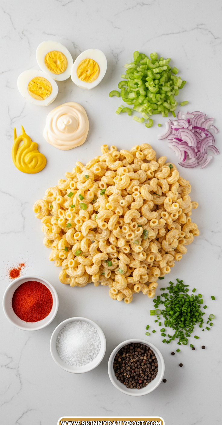 Ingredients for deviled egg pasta salad laid out beautifully