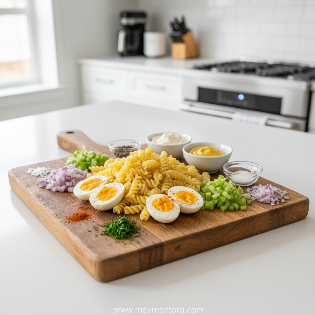 All ingredients for deviled egg pasta salad arranged neatly on counter