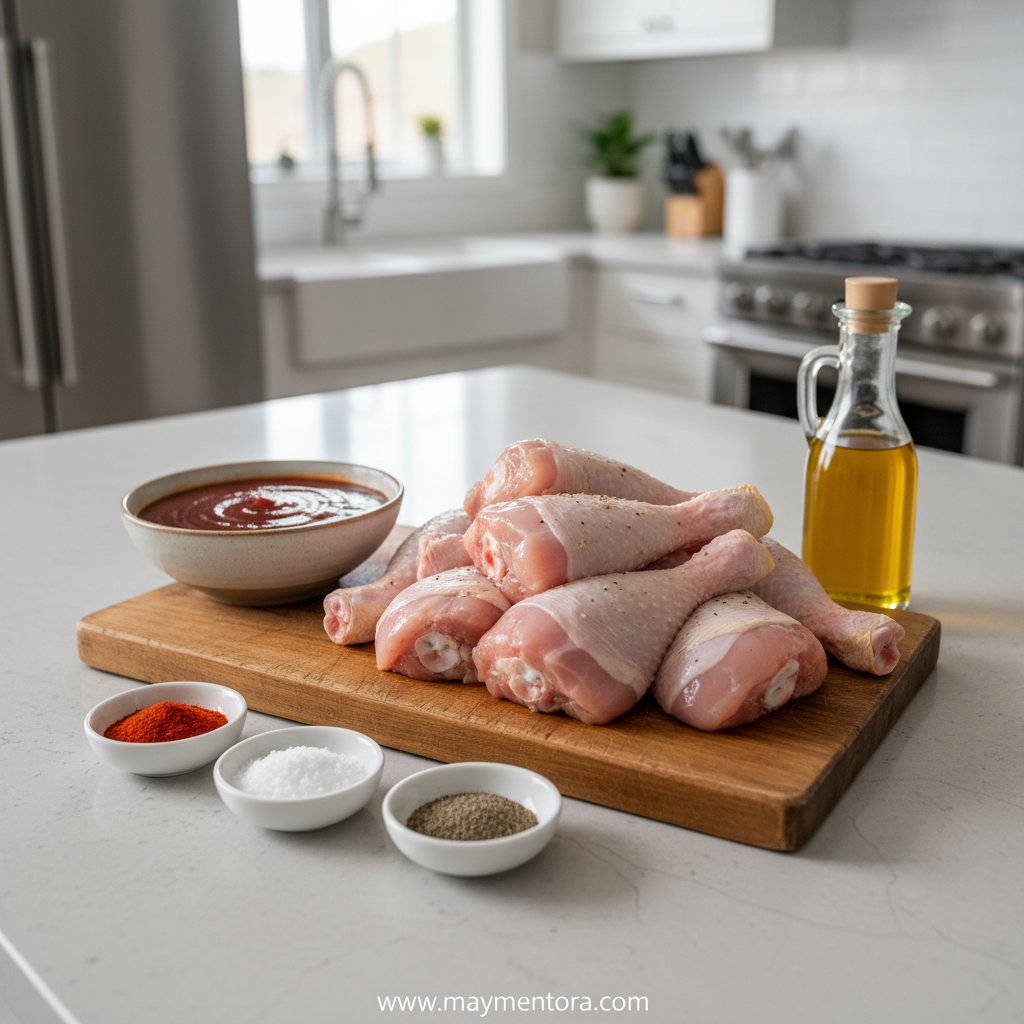 Ingredients for baked BBQ chicken drumsticks including chicken, BBQ sauce, and spices