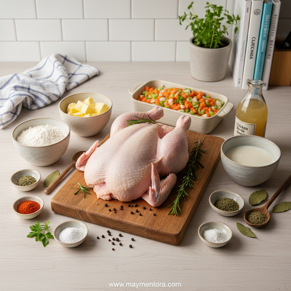 Ingredients for chicken and dumplings including biscuits