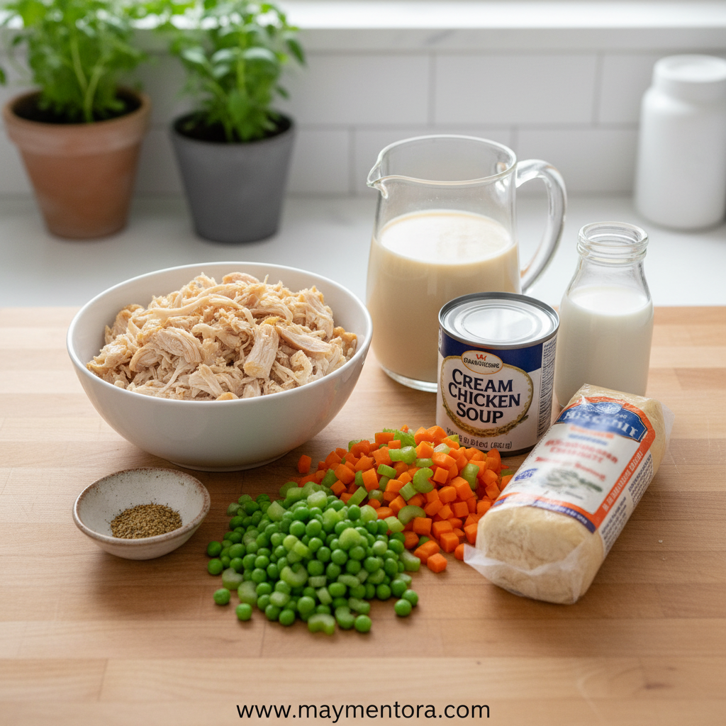 Ingredients for making easy chicken and dumplings with biscuits