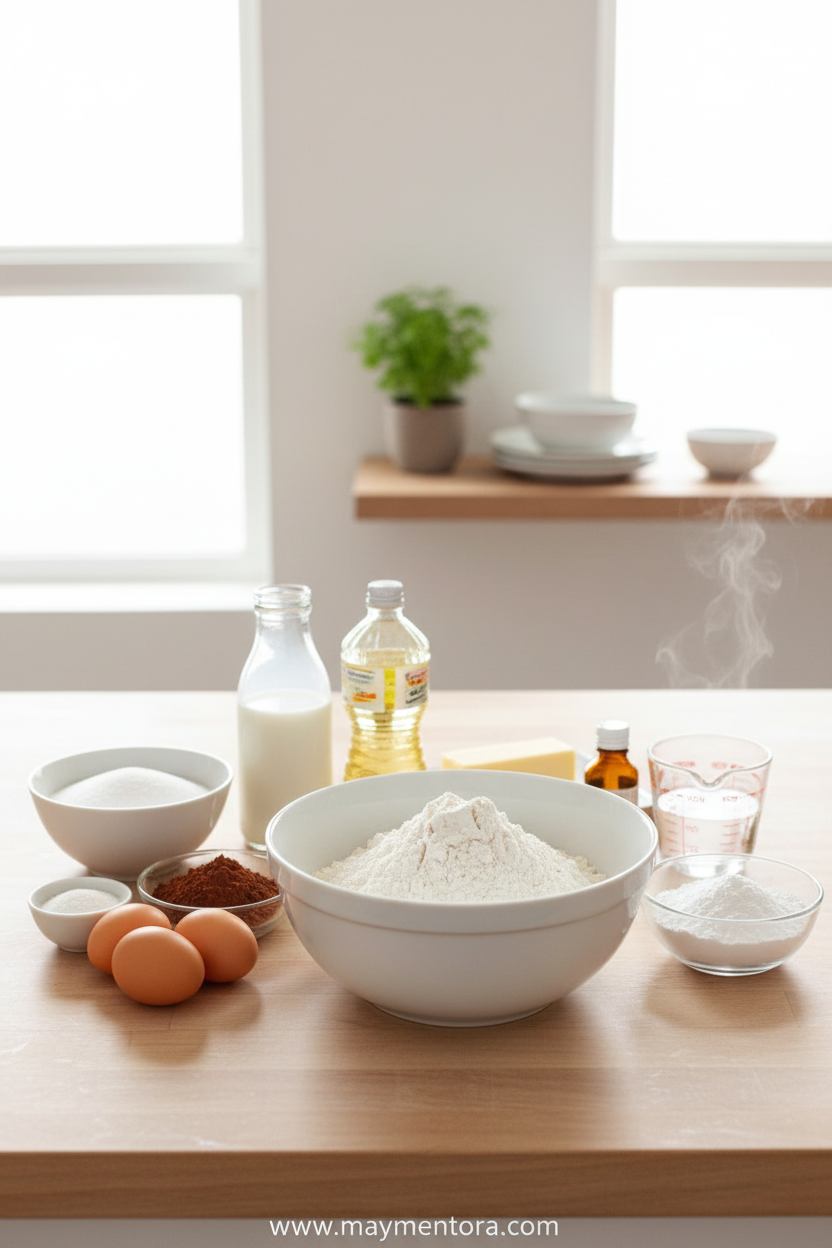 Ingredients for chocolate sheet cake lined up on counter