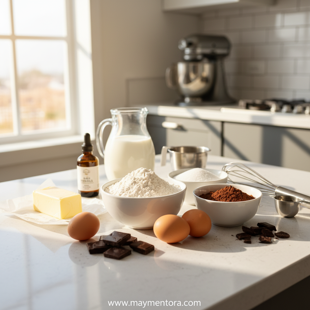 All ingredients lined up for chocolate sheet cake