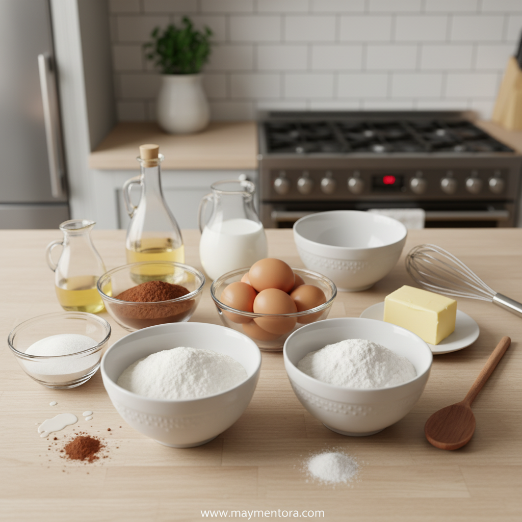 Ingredients for chocolate traybake cake displayed on counter