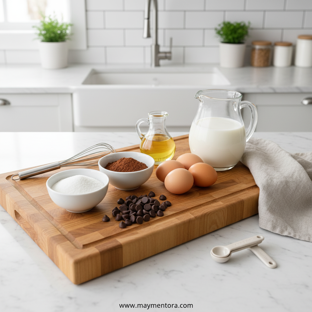 Ingredients for chocolate traybake laid out on counter