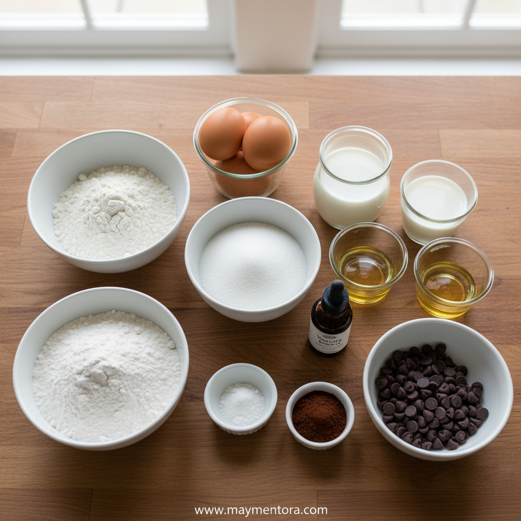 Ingredients for chocolate traybake lined up on counter