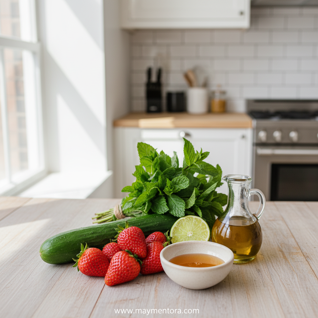 Fresh ingredients for cucumber strawberry salad laid out on counter