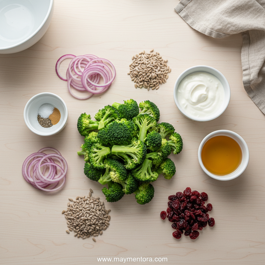 Ingredients for healthy broccoli salad arranged on counter: broccoli florets, red onion, Greek yogurt, cranberries, sunflower seeds