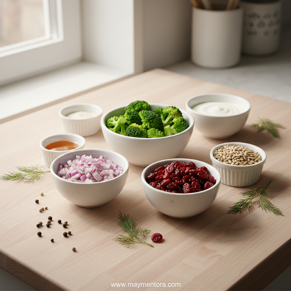 Fresh ingredients for broccoli salad including broccoli, red onion, Greek yogurt, and sunflower seeds