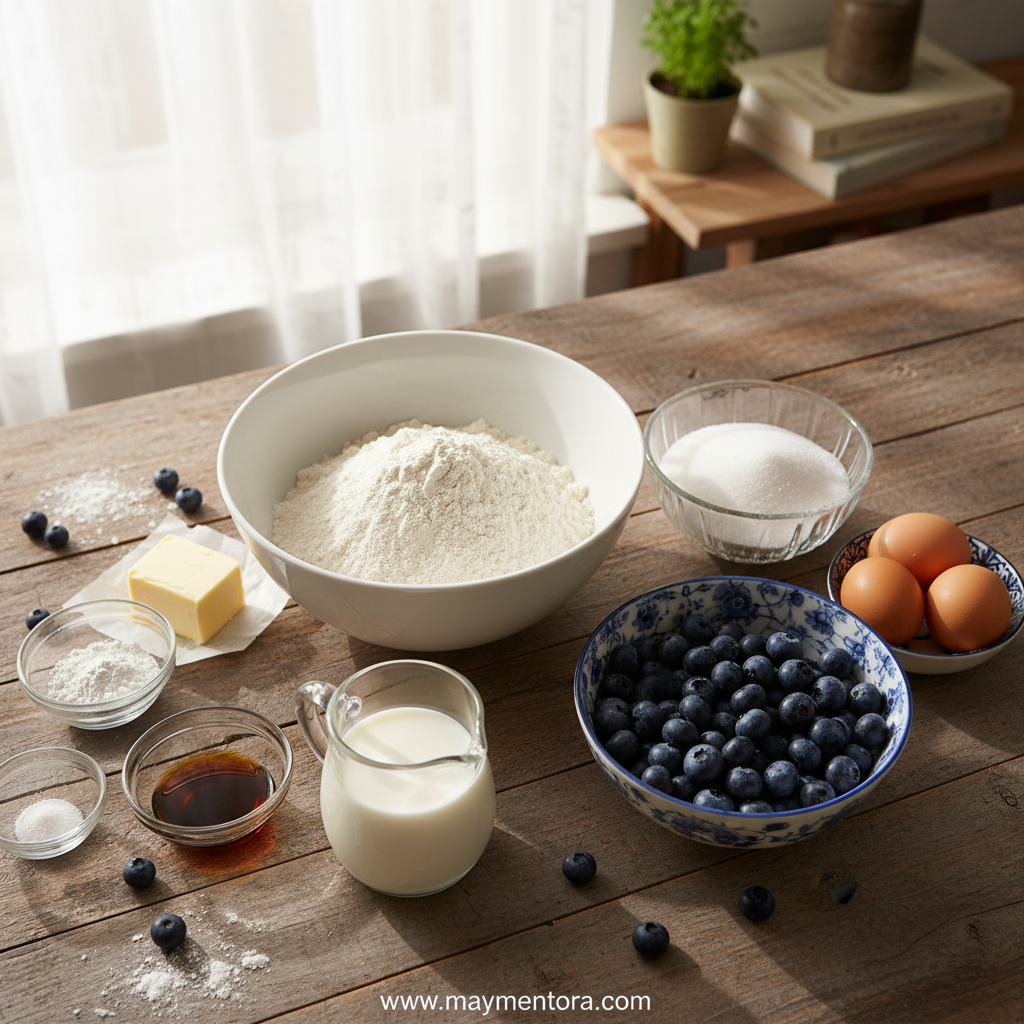 Ingredients for easy blueberry muffins laid out on counter