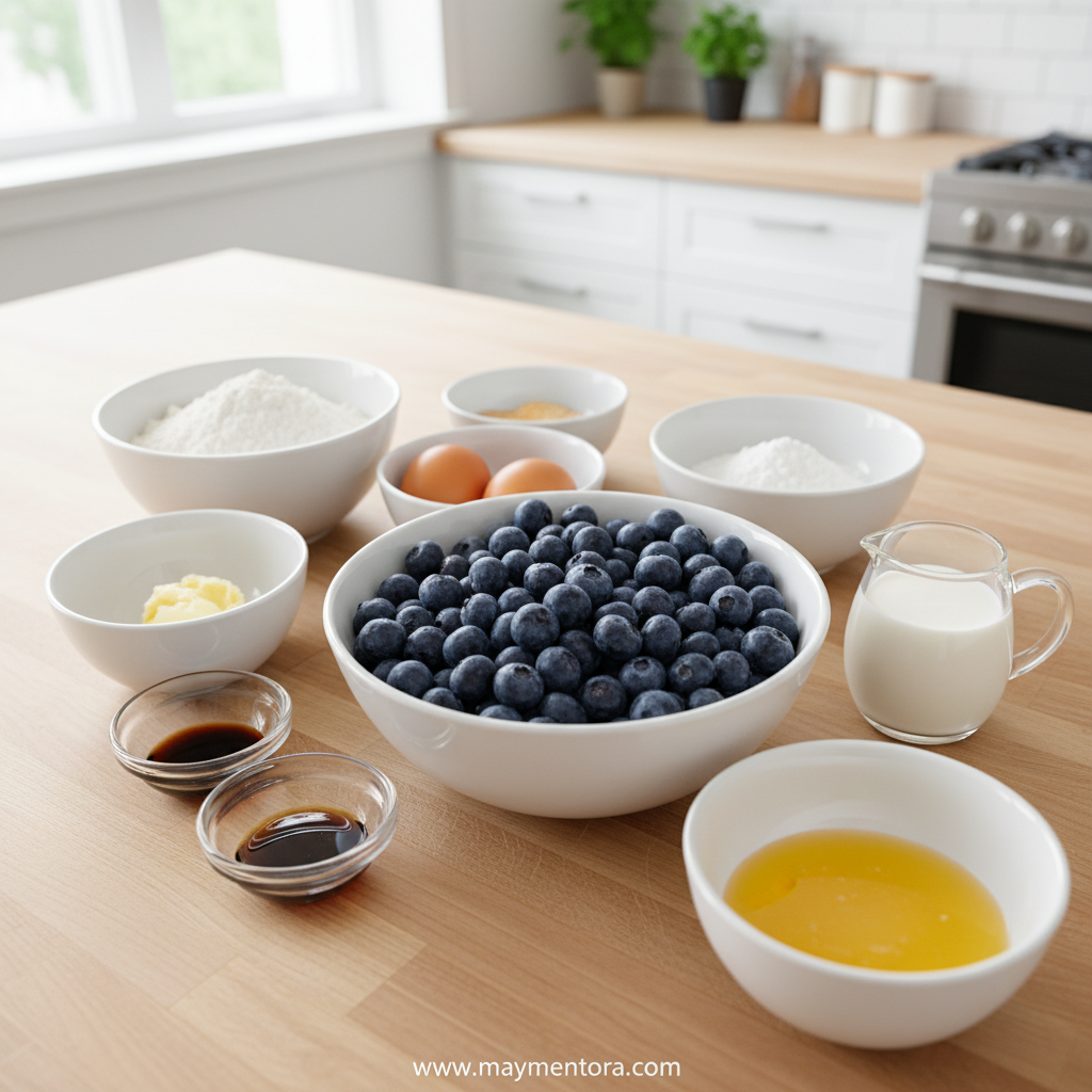 Ingredients for easy blueberry muffins including flour, blueberries, sugar, and baking powder