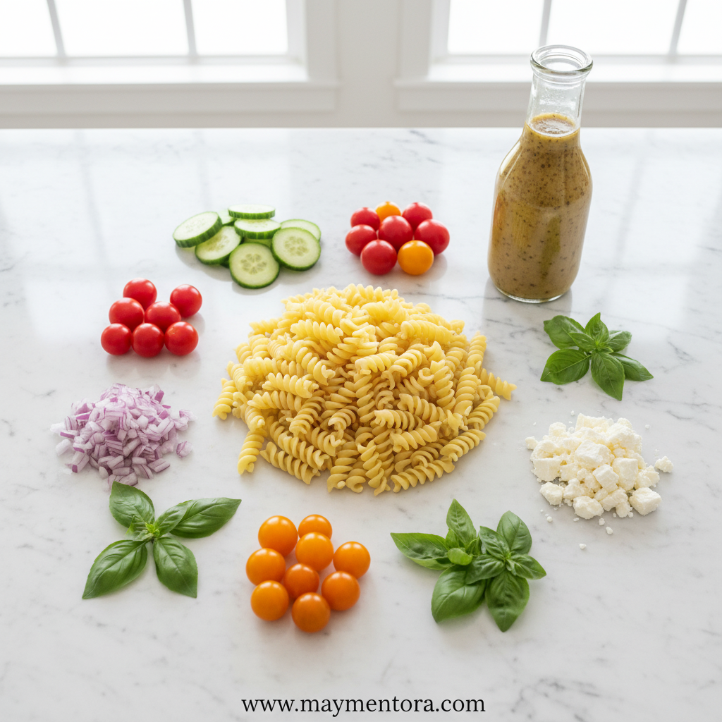 Fresh ingredients for tomato basil pasta salad lined up on counter