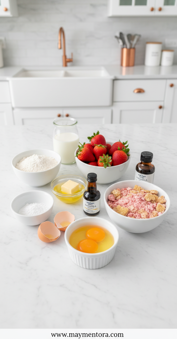 Ingredients for strawberry crunch cake arranged on counter