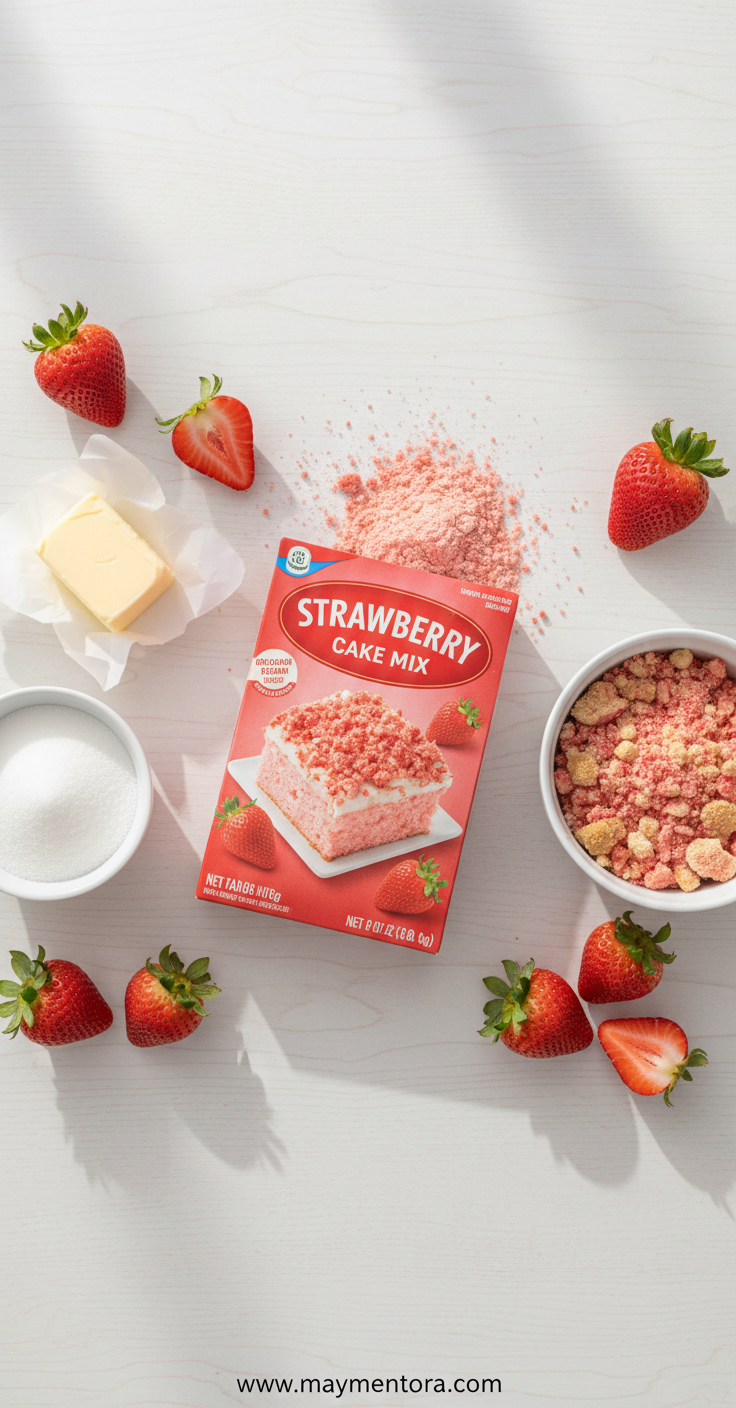 Fresh ingredients for strawberry crunch cake: berries, flour, eggs, and cookies