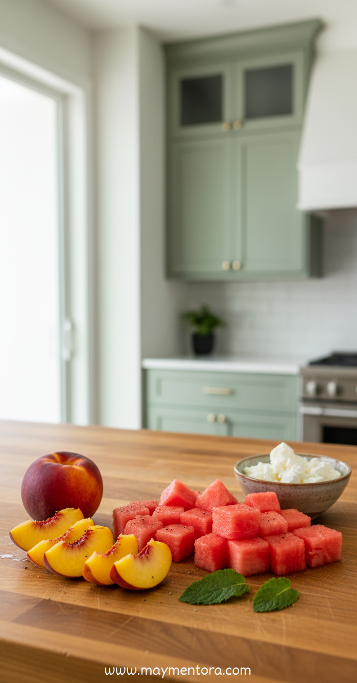 Fresh ingredients for peach watermelon salad including peaches, watermelon, mint, and lime