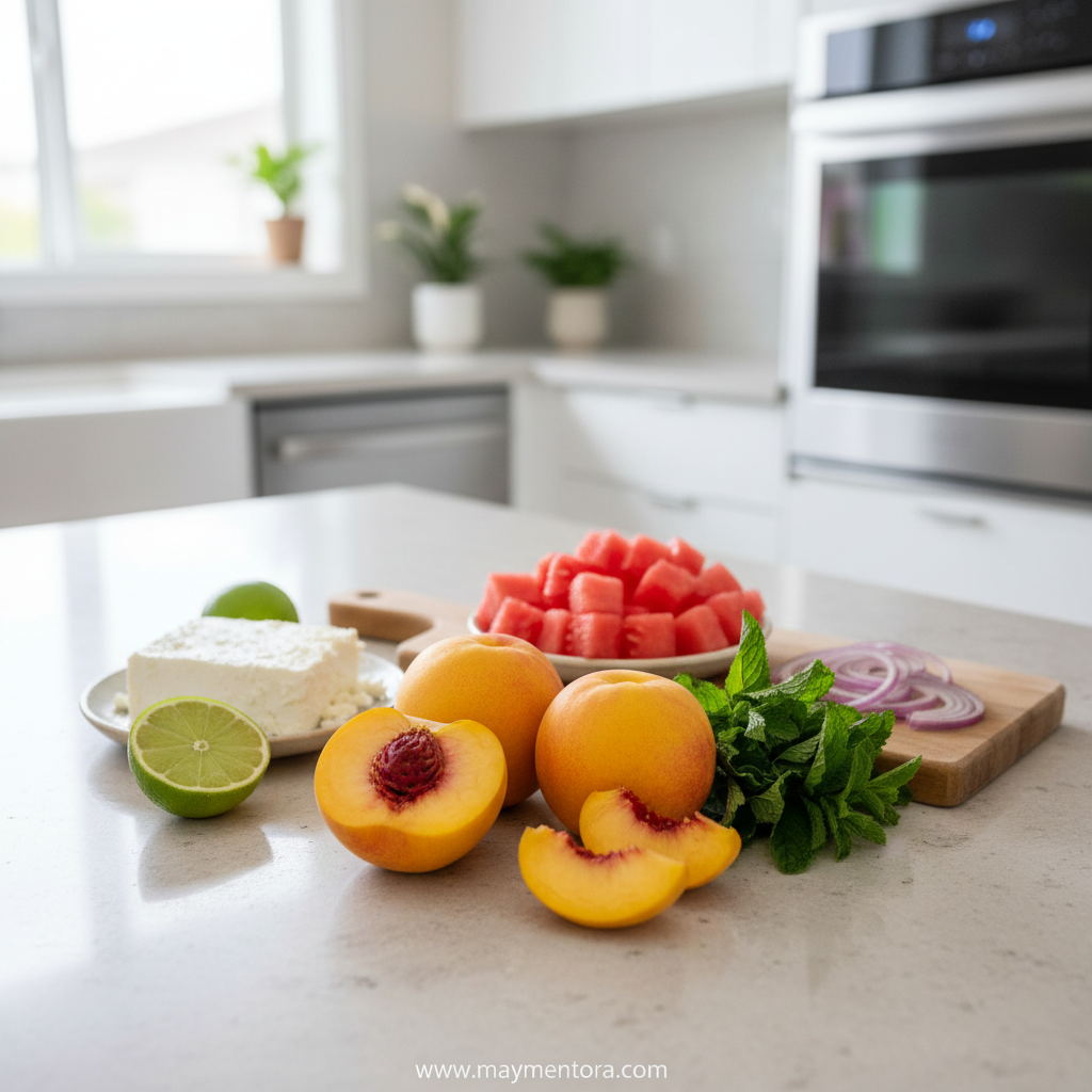 Fresh ingredients for peach watermelon salad including peaches, watermelon, mint, and lime