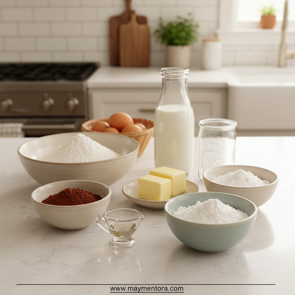 Ingredients for Texas sheet cake arranged on counter