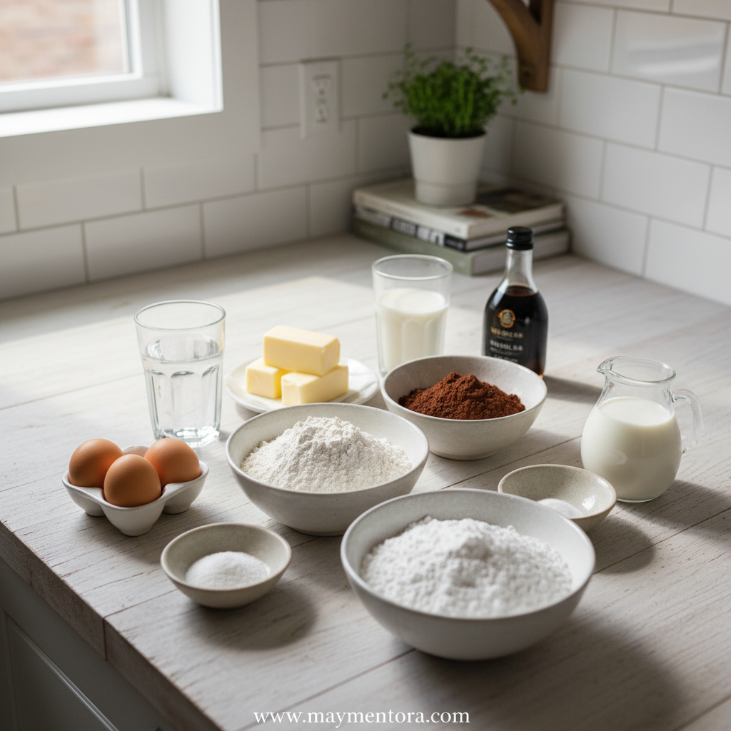 Texas sheet cake ingredients including flour, cocoa powder, butter, and sugar