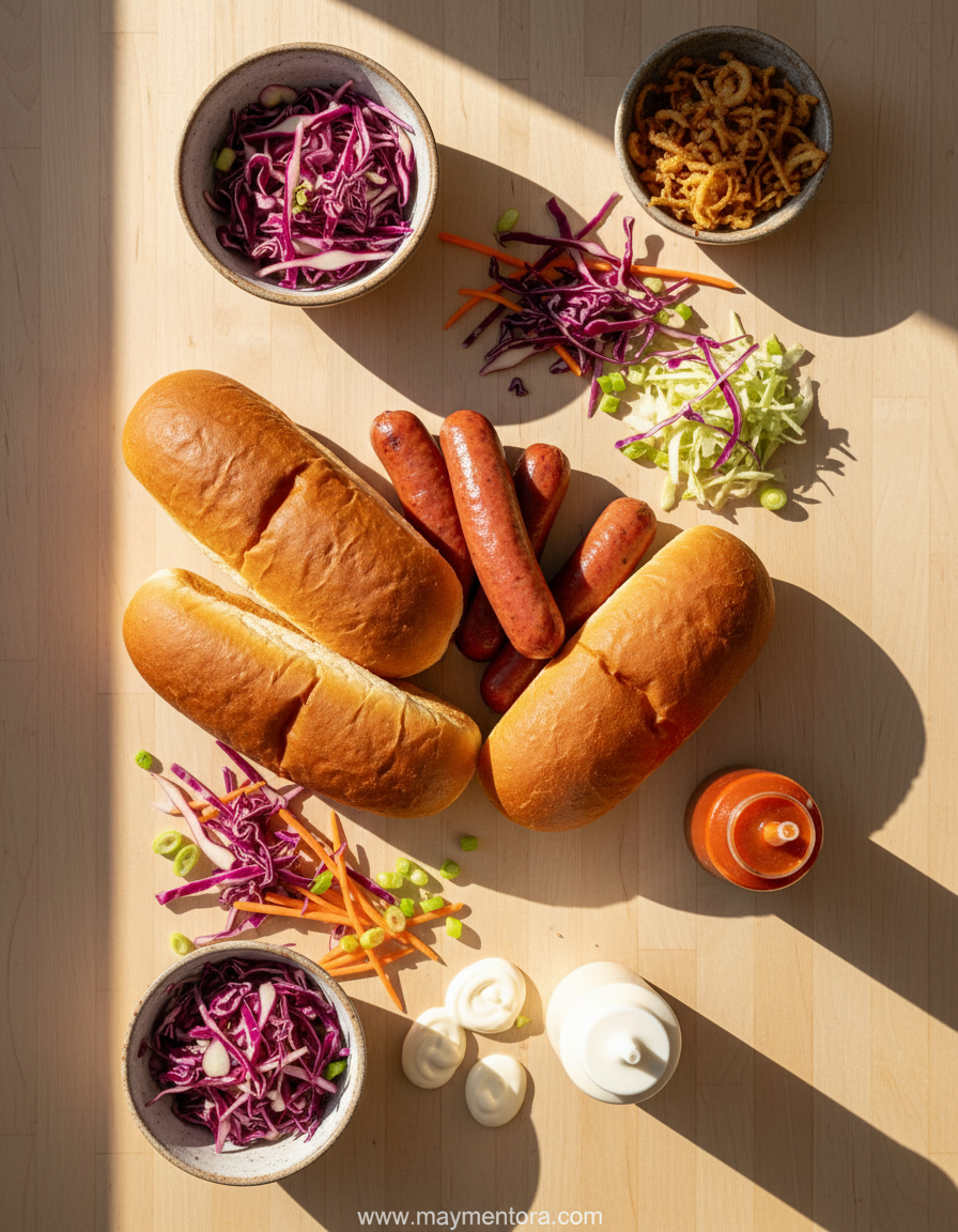 Ingredients for making gourmet hot dogs with slaw and onions