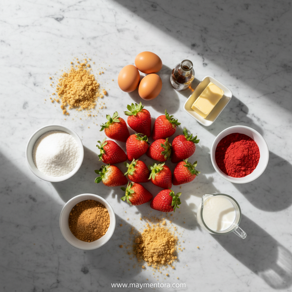All ingredients laid out for strawberry crunch cake preparation