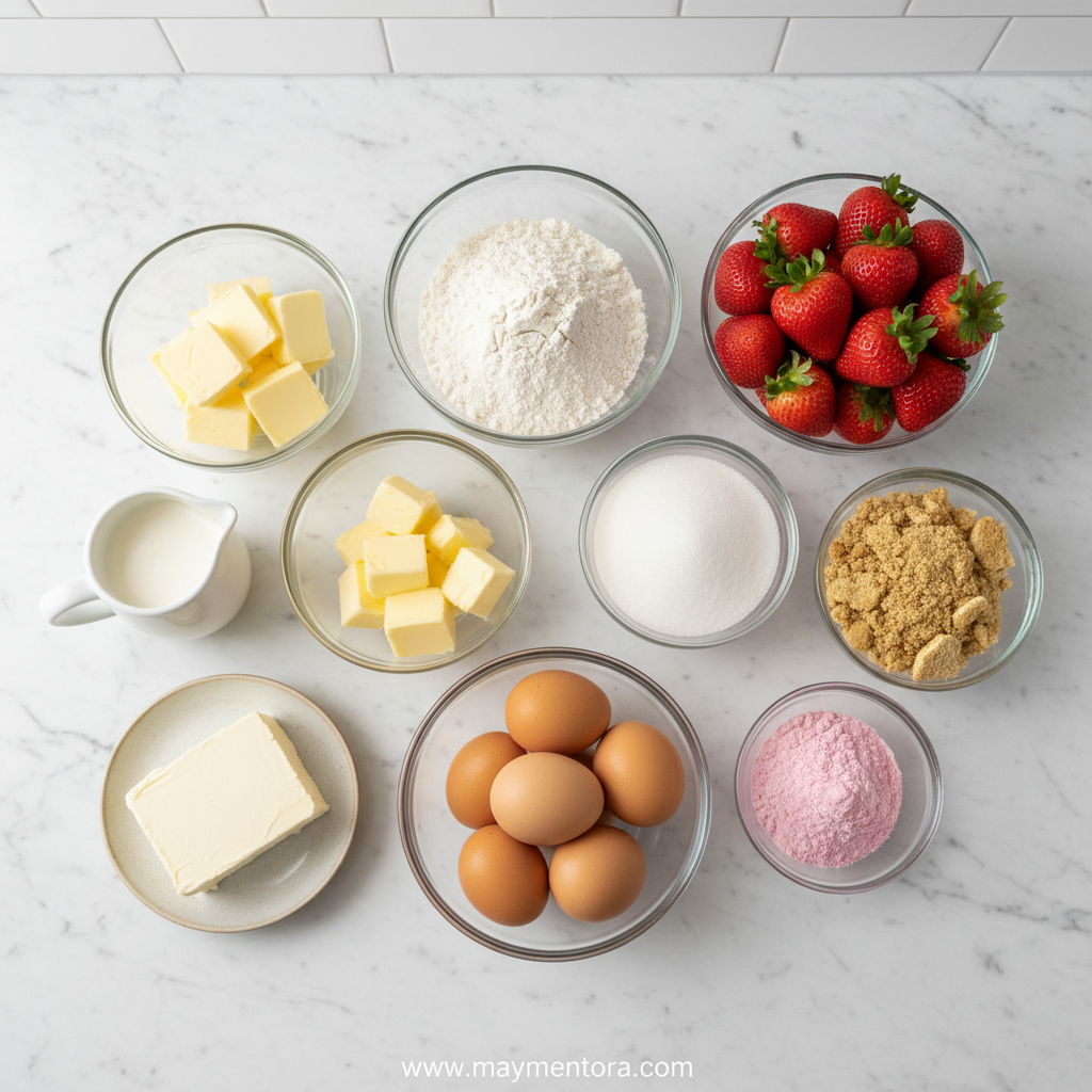 Ingredients for strawberry crunch cake including flour, strawberries, sugar, and butter