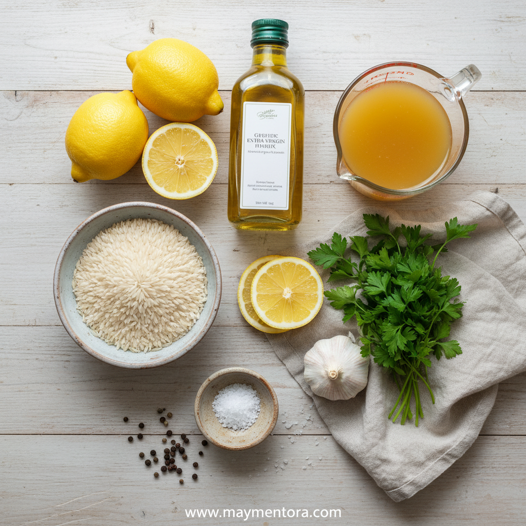 Ingredients for Greek lemon rice including rice, lemons, herbs and broth