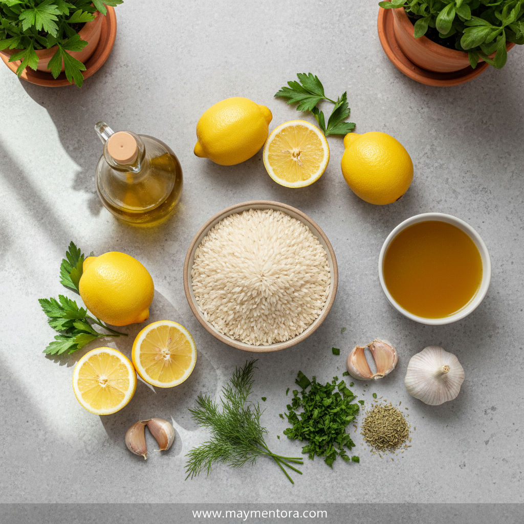 Ingredients for Greek lemon rice including rice, lemons, herbs, and olive oil