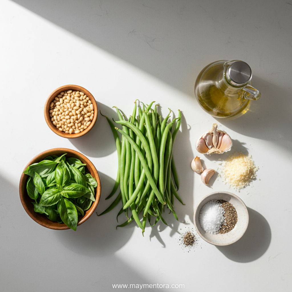 Fresh ingredients for pesto green beans including green beans, pesto, olive oil, and parmesan