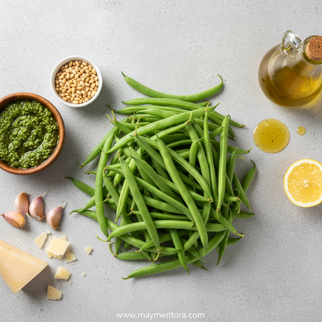 Ingredients for pesto green beans including fresh green beans, basil pesto, olive oil, and Parmesan cheese