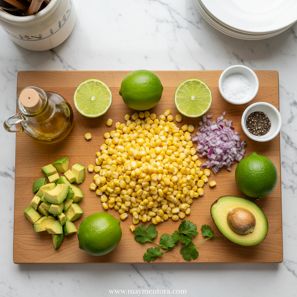 Ingredients for fresh corn avocado lime dressing