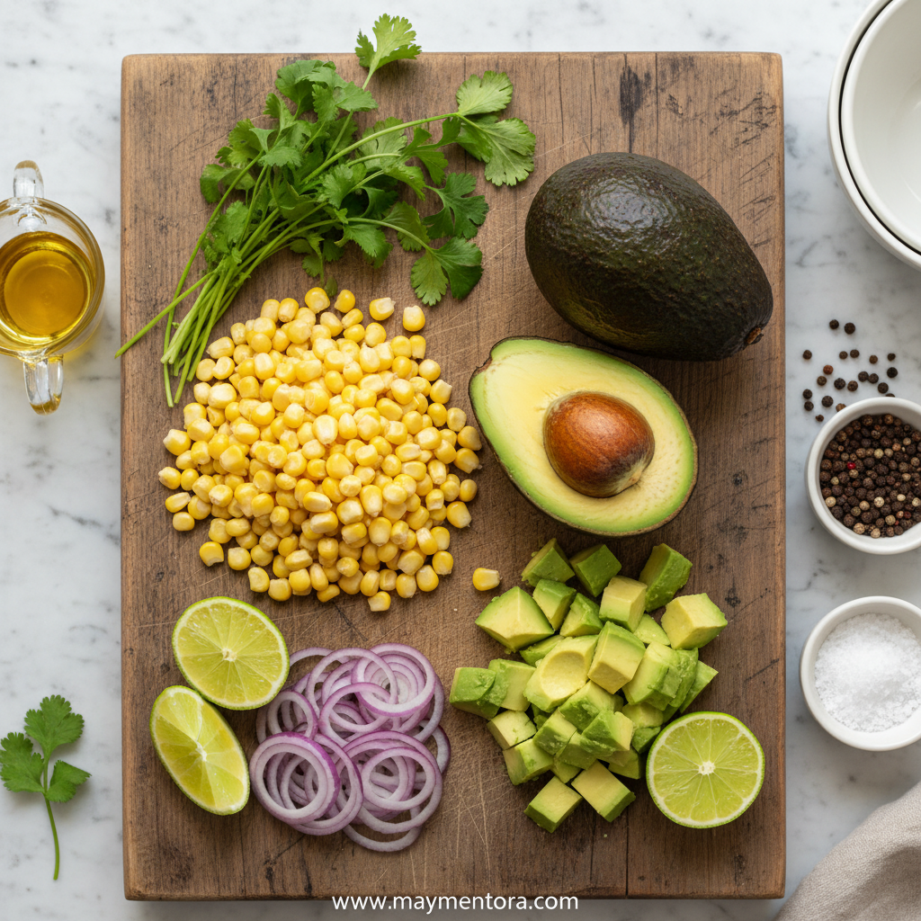 Fresh ingredients for corn avocado lime salad including corn, avocado, lime, and cilantro