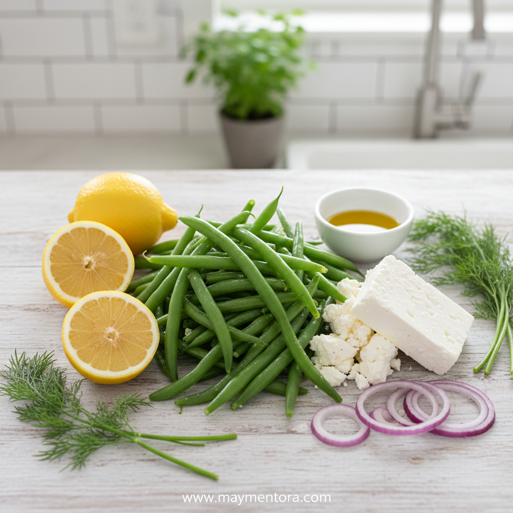 Fresh ingredients for green bean feta salad including green beans, feta, tomatoes, and herbs